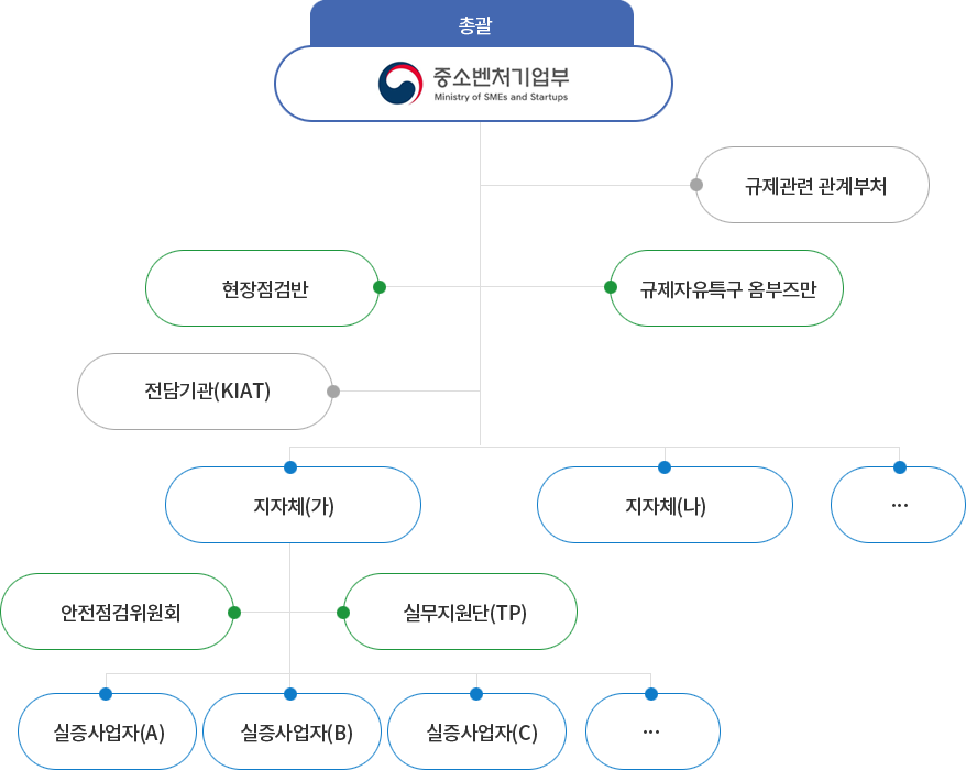 조직도 규제자유특구 기획단 아래 기획총괄과와 규제자유특구과가 있음