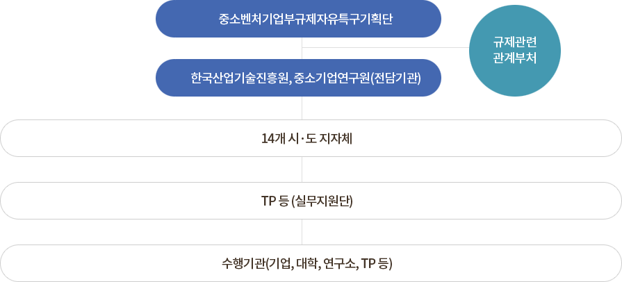 추진체계 - 규제자유특구위원회 (위원장 : 국무총리) 밑으로 규제특례등심의위원회 (위원장 : 중기부장관) 밑으로 4개 분과 위원회가 있음 분과중간 규제자유특구기획단 (지원조직)이 있음