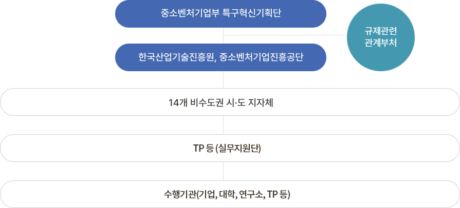 추진체계 - 규제자유특구위원회 (위원장 : 국무총리) 밑으로 규제특례등심의위원회 (위원장 : 중기부장관) 밑으로 4개 분과 위원회가 있음 분과중간 규제자유특구기획단 (지원조직)이 있음